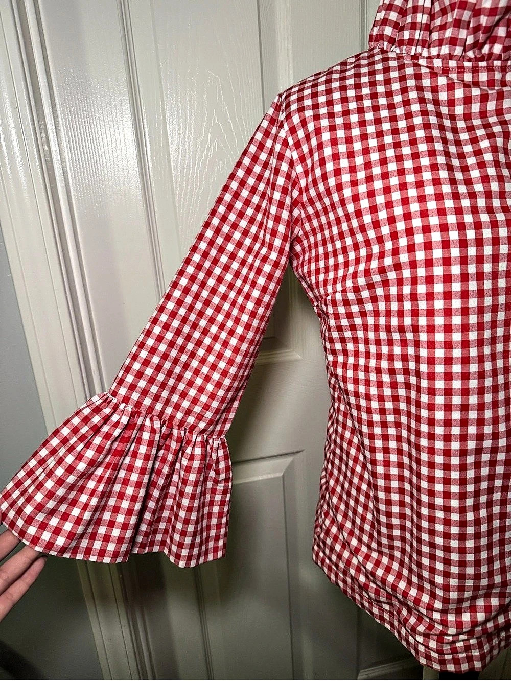 Elizabeth Wilson Katherine Gingham Ruffle Cuff Blouse in Red & White Size Small - Picture 3 of 6